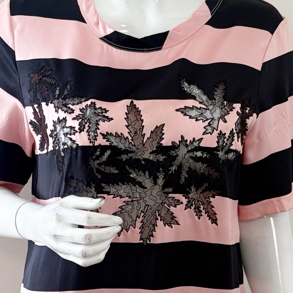 Rare Alexander Wang Sample Piece Black & Pink Striped Top w Black Lace Leaves - Picture 3 of 8